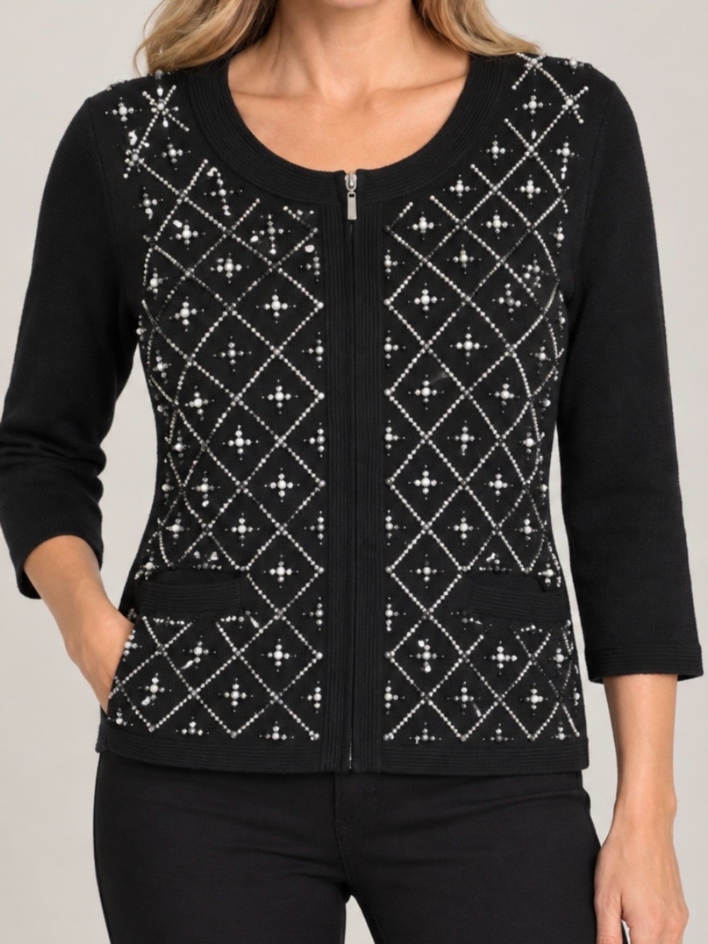 White House Black Market Embellished Zip-Front Women's Sweater Cardigan